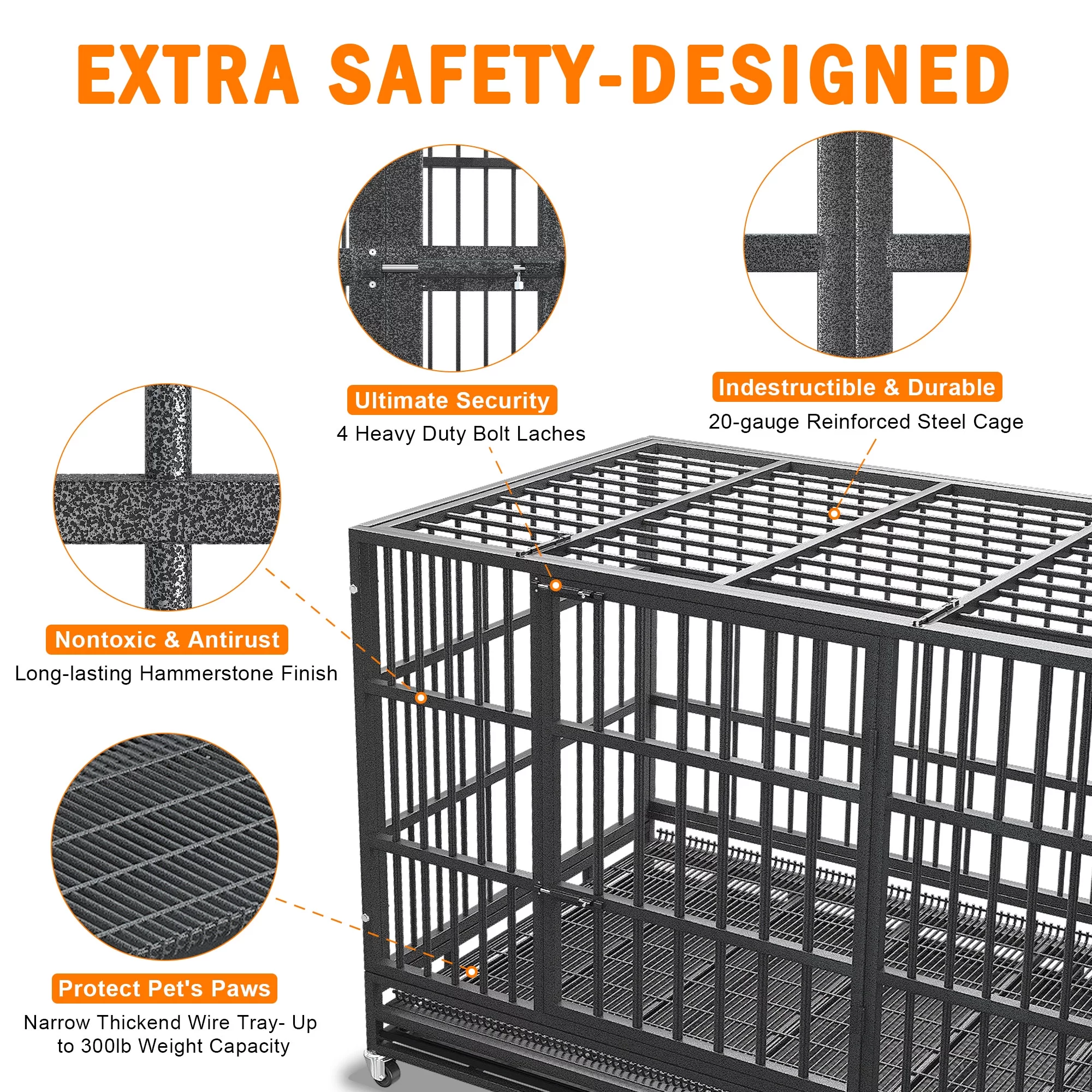 Boldbone 48/38 inch Heavy Duty Indestructible Dog Crate Cage Kennel for Large Dogs, High Anxiety Dog Crate with Removable Crate Trays