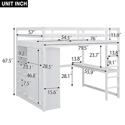 Full Size Loft Bed with Desk & Wardrobe, Solid Wood Kids Loft Bedframe w/3 Storage Drawers & 2 Shelves, Maximum Space Design, for Bedroom, Dorm, Gray