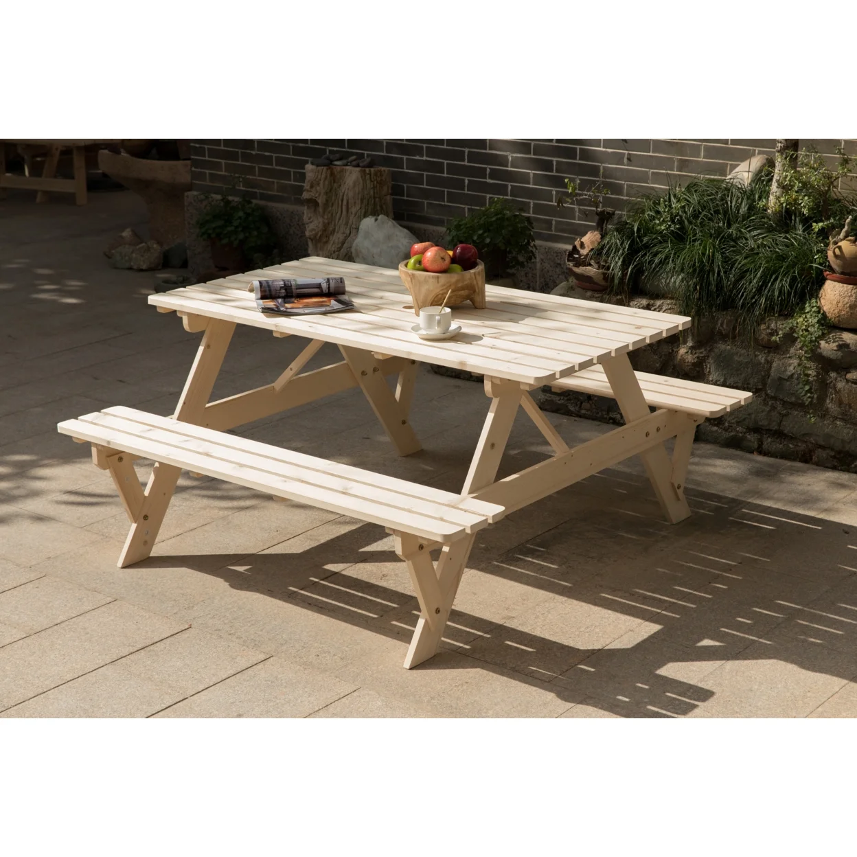 Outdoor Wooden Patio Deck Garden 6-Person Picnic Table, for Backyard, Garden