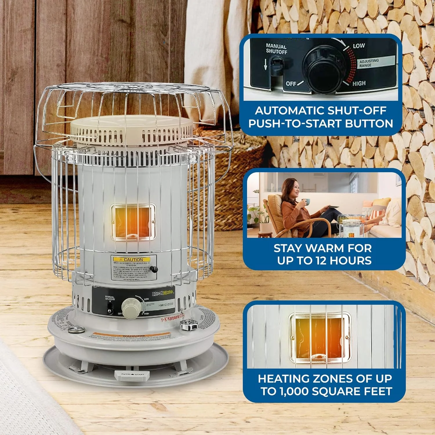 HeatMate Efficient 23,000 BTU Portable Convection Kerosene Personal Space Heater for 1,000 Square Feet of Indoor or Outdoor Use, White