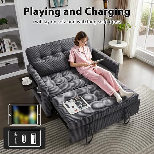 Sleeper Sofa Bed, 52‘’ Convertible Pull Out Couch with Small Table| USB Port | Side Pockets | Corduroy Fabric | Adjustable Backrest for Apartment