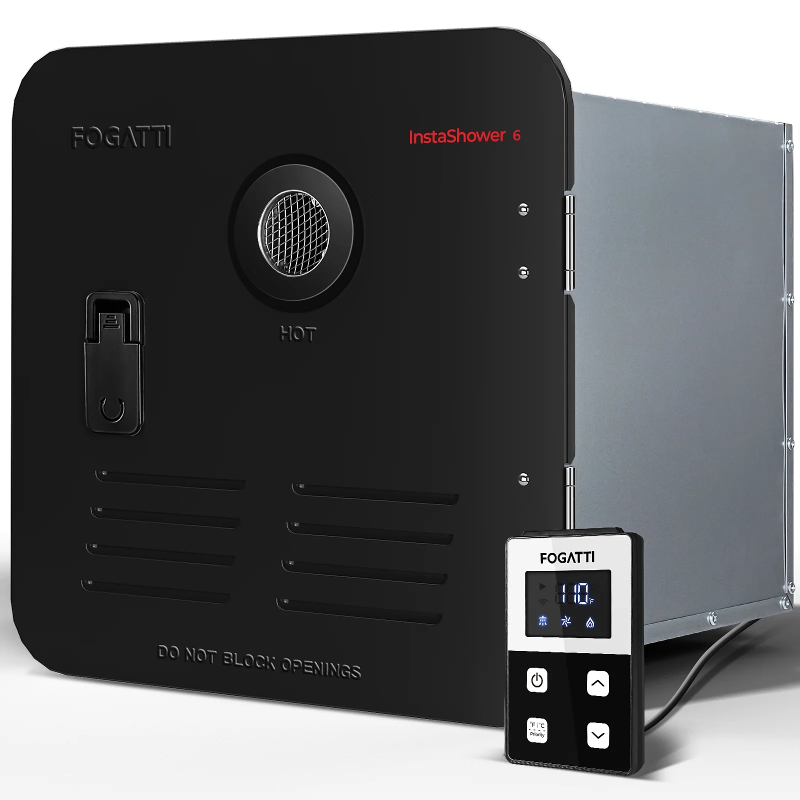 FOGATTI RV Tankless Water Heater Propane InstaShower 6, Gen 2, RV Water Heater Black Galvanized Steel 2.2GPM 42,000 BTU