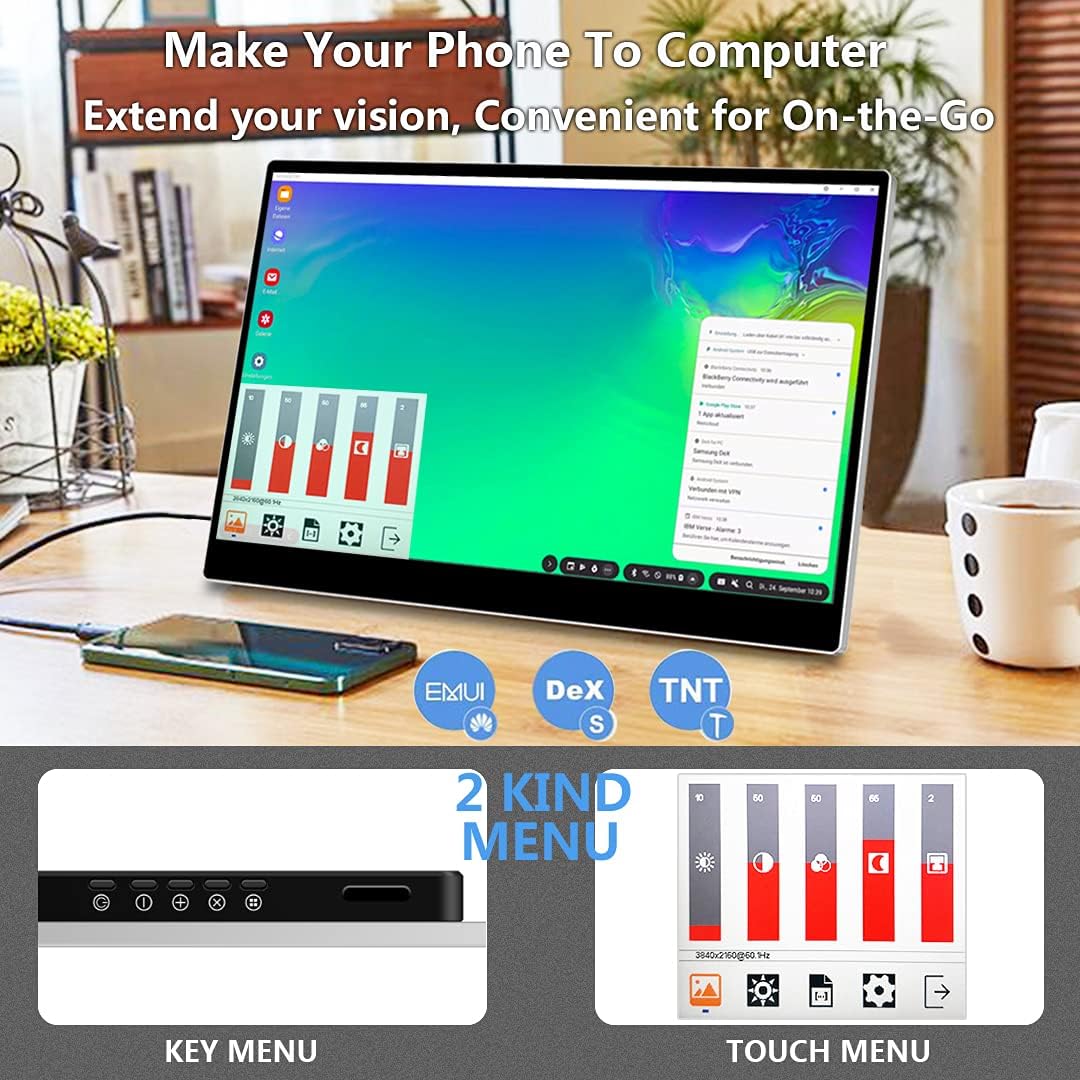 Portable Monitor Portable Touch Monitor Corkea 14 Inch 3840x2160 Laptop Monitor, USB-C/HDMI/Mini DP Display, with Rear Folding Kickstand Speakers