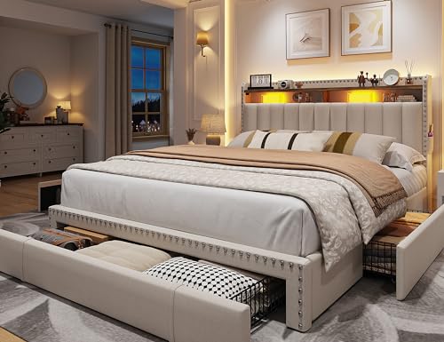 EnHomee Queen Bed Frame with 3 Storage Drawers, Upholstered Bed Frame Queen Size with 2-Tier Storage Headboard, Wooden Slats, No Box Spring Needed