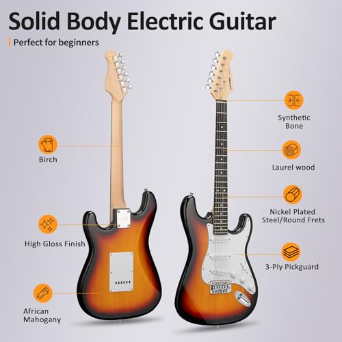 AODSK Electric Guitar with Amp Beginner Kit 39 Inch Solid Body Full Size,All Accessories,Digital Tuner,Six Strings,Four Picks,Tremolo Bar,Strap