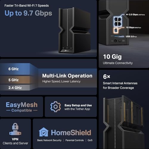 TP-Link Tri-Band BE9300 WiFi 7 Router (Archer BE550) - 6-Stream, Full 2.5G Ports w/ 6 Internal Antennas, Up to 2,000 Sq Ft