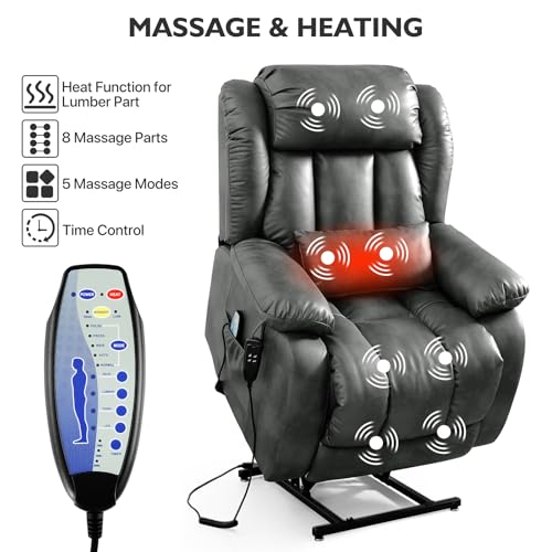 EDILLY Large Genuine Leather Power Lift Recliner Chairs for Elderly, Dual Motor with Massage and Heating,Double Lumbar Cushion and Extended Footrest
