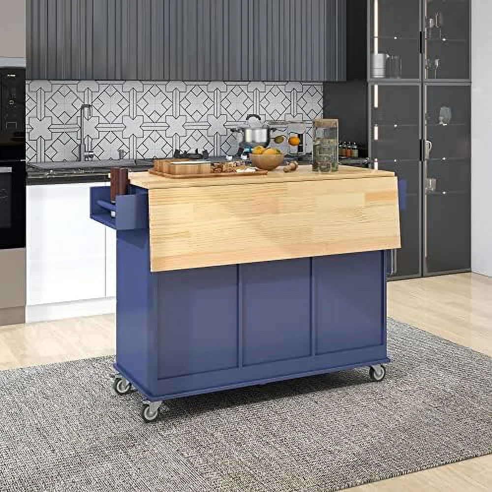 JYHOME Rolling Kitchen Island Cart with Folding Drop Leaf and  Cabinets  Kitchen Cart on Wheels with Spice Rack  Towel Rack and 3 Drawers  Dark Blue