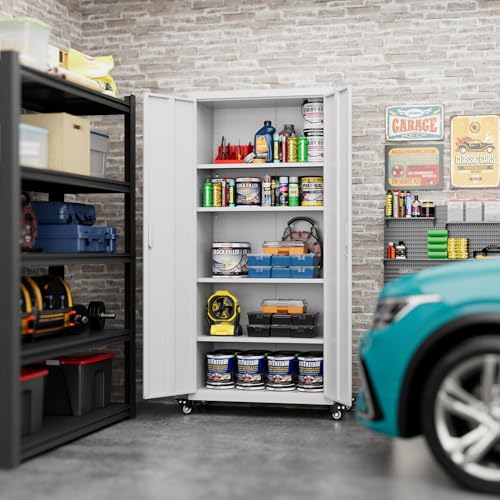 73" H Metal Storage Cabinet with Wheels, Garage Storage Cabinet with 4 Adjustable Shelves and Lockable Doors for Garage Home Office Utility Room