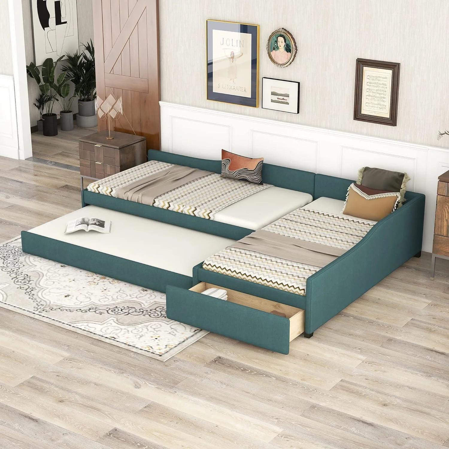 Upholstered Double Size Daybed With Trundle And Drawer, Living Room Sofa Bed, No Box Spring Need (Green)
