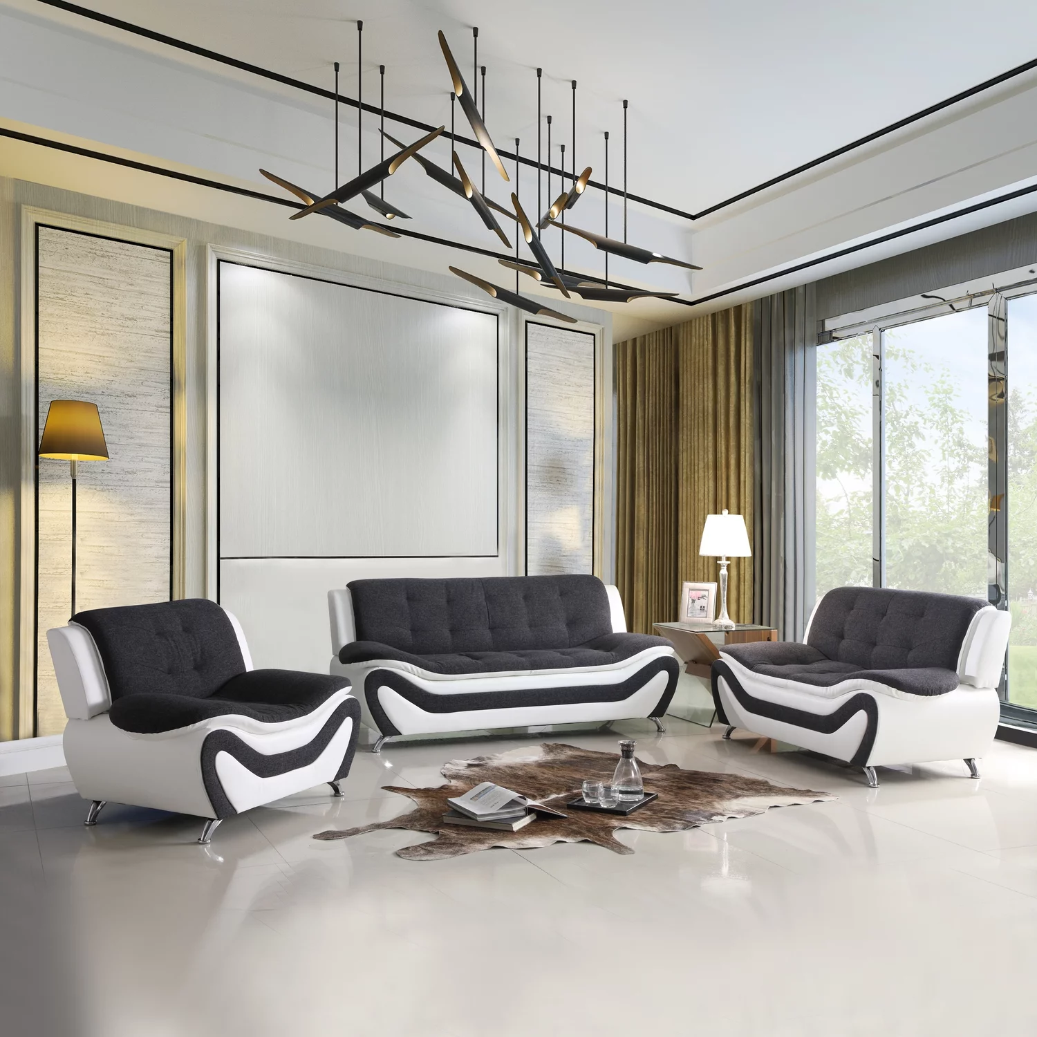 Lifestyle Furniture 3 Piece Genuine Leather Living Room Set,Living Room Furniture Modern Style Couch with Black&White