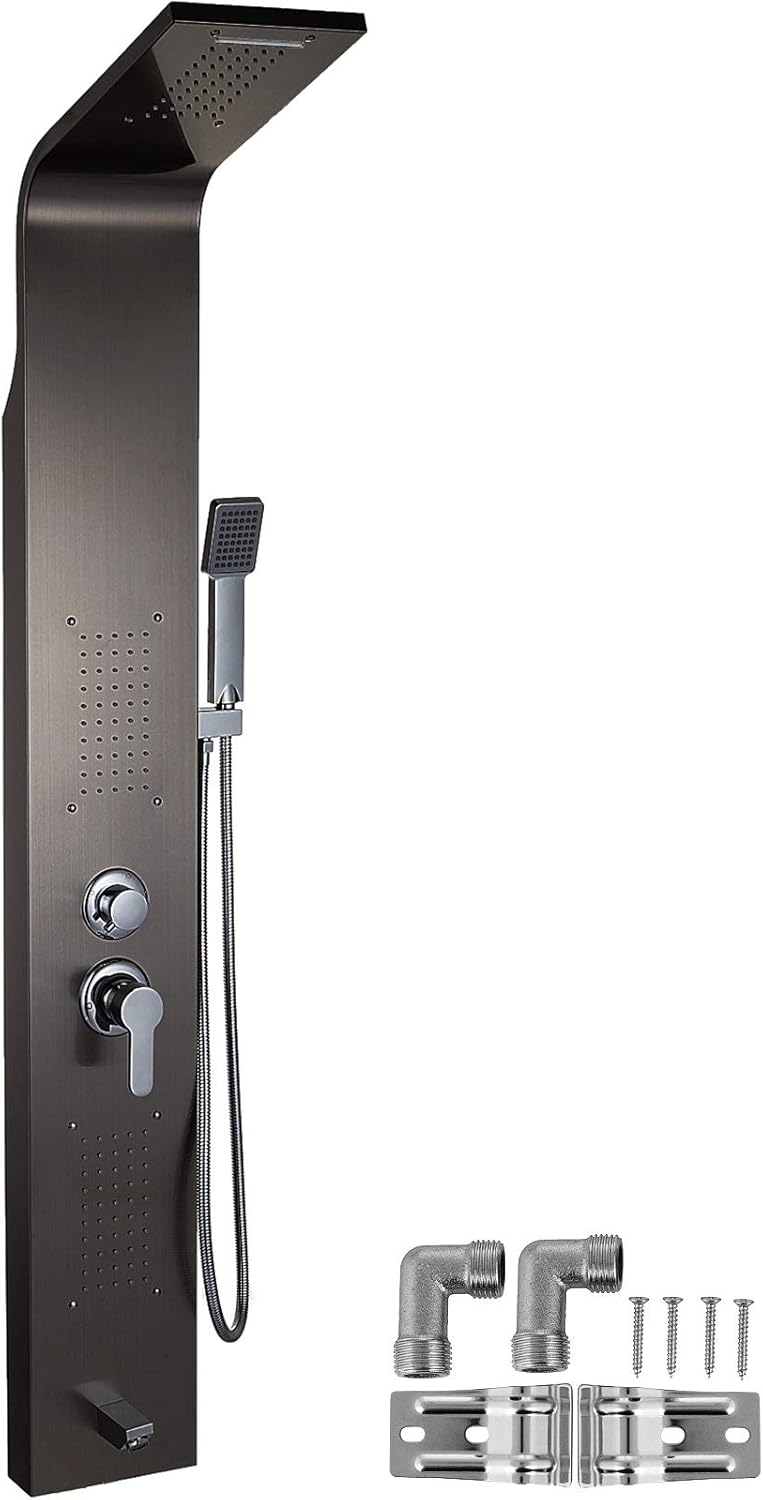 Happybuy 5 in1 Shower Panel Tower System Stainless Steel Multi-Function Shower Panel with Spout Rainfall Waterfall Massage Jets Tub Spout Hand Shower