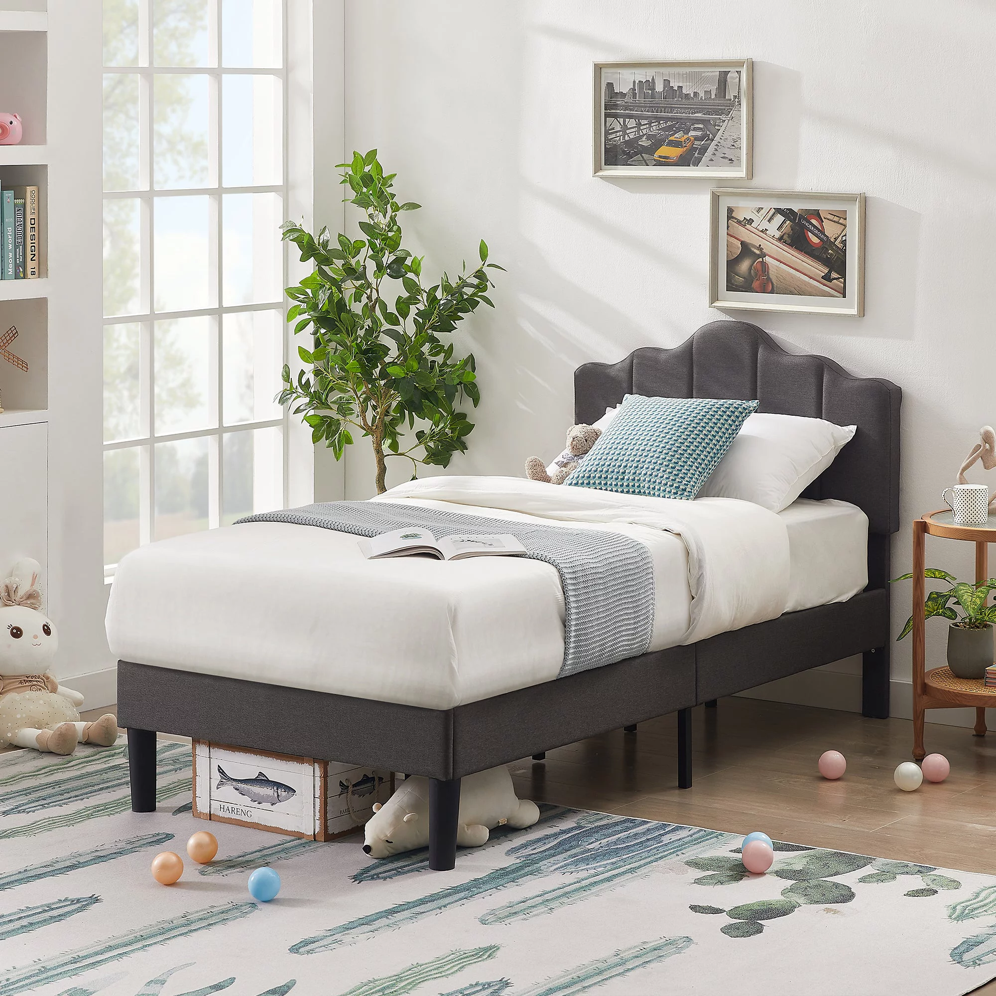 VECELO Twin Size Bed with Adjustable Headboard, Modern Upholstered Platform Bed Frame for Bedroom, No Spring Box Need, Dark Grey