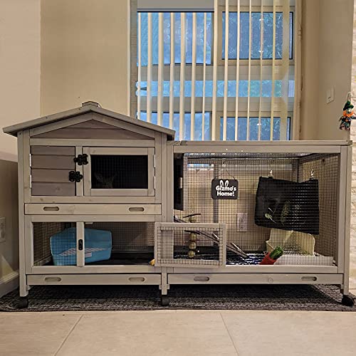 Aivituvin Rabbit Hutch 93.7" Large Rabbit Cage Indoor Outdoor Guinea Pig Cage Chicken Coop on Wheels Bunny Cage with 4 Deep No Leakage Pull Out Tray