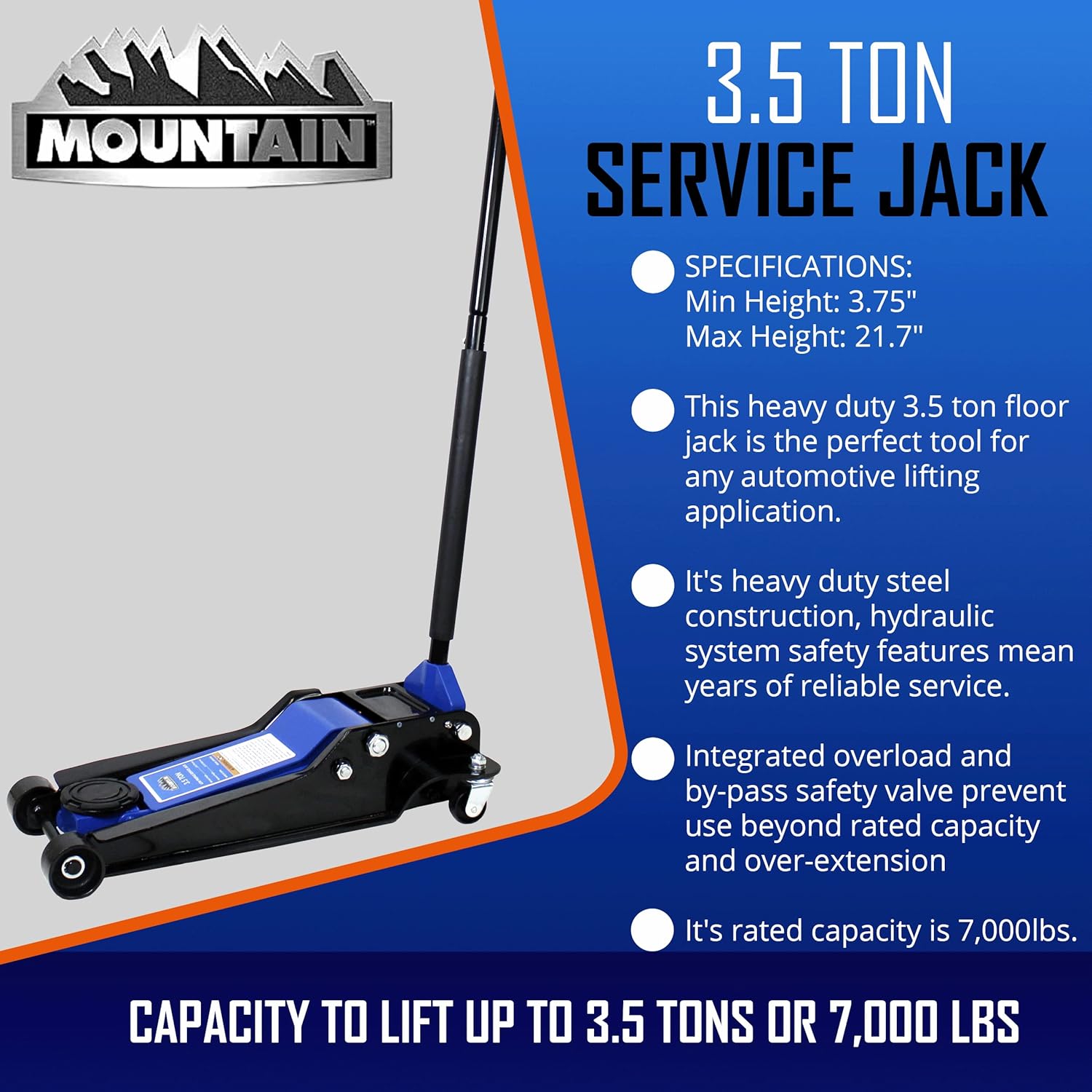 Mountain 3.5 Ton Service Jack; 7,000 LBS. Capacity, Heavy Duty Steel, 21 3/4" Lifting Range, Safety by-Pass Valve; MTN33502