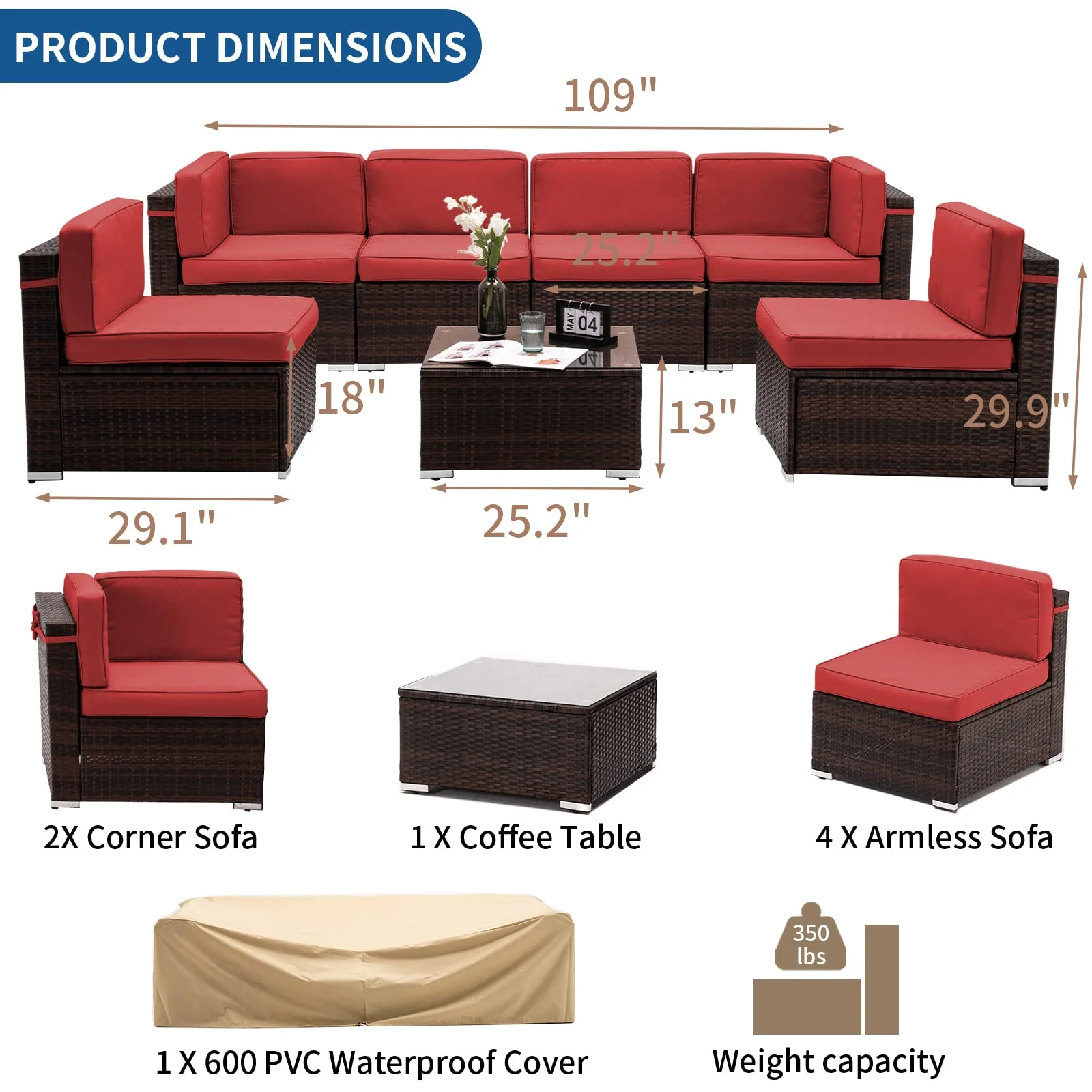Amopatio 7 Pieces Patio Conversation Set, Outdoor Sectional PE Rattan Wicker Furniture Seat,Red - Curated Treasures Market