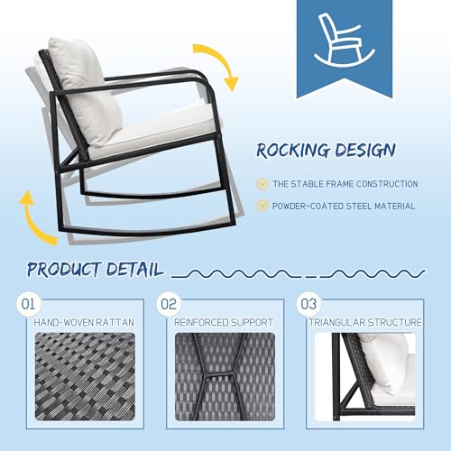 Greesum 3 Pieces Rocking Wicker Bistro Set, Patio Outdoor Furniture Conversation Sets with Porch Chairs and Glass Coffee Table, Beige