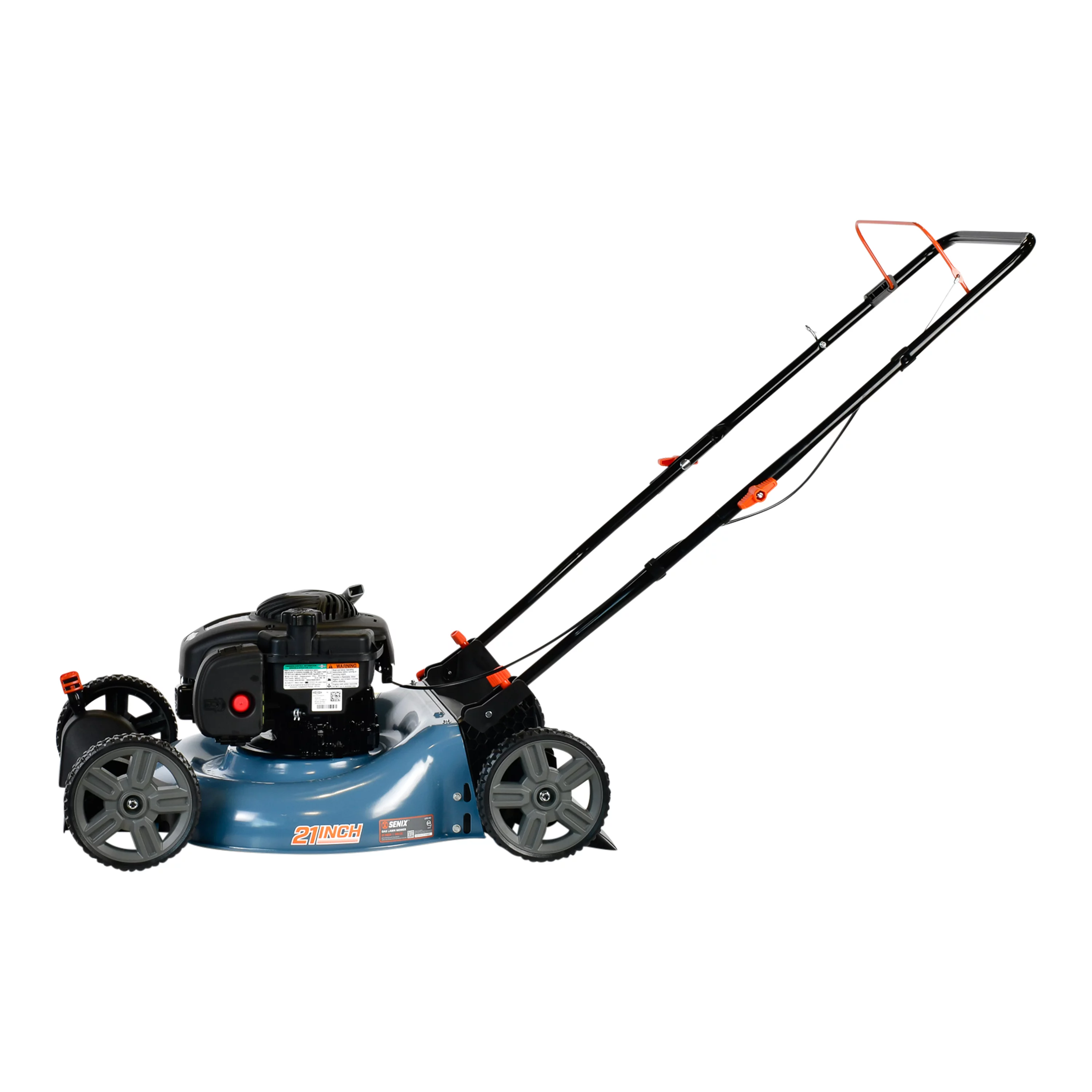 SENIX 21-Inch 125 cc 4-Cycle Gas Powered Push Lawn Mower, Mulch & Side Discharge, Dual Lever Height Adjustment, LSPG-M3