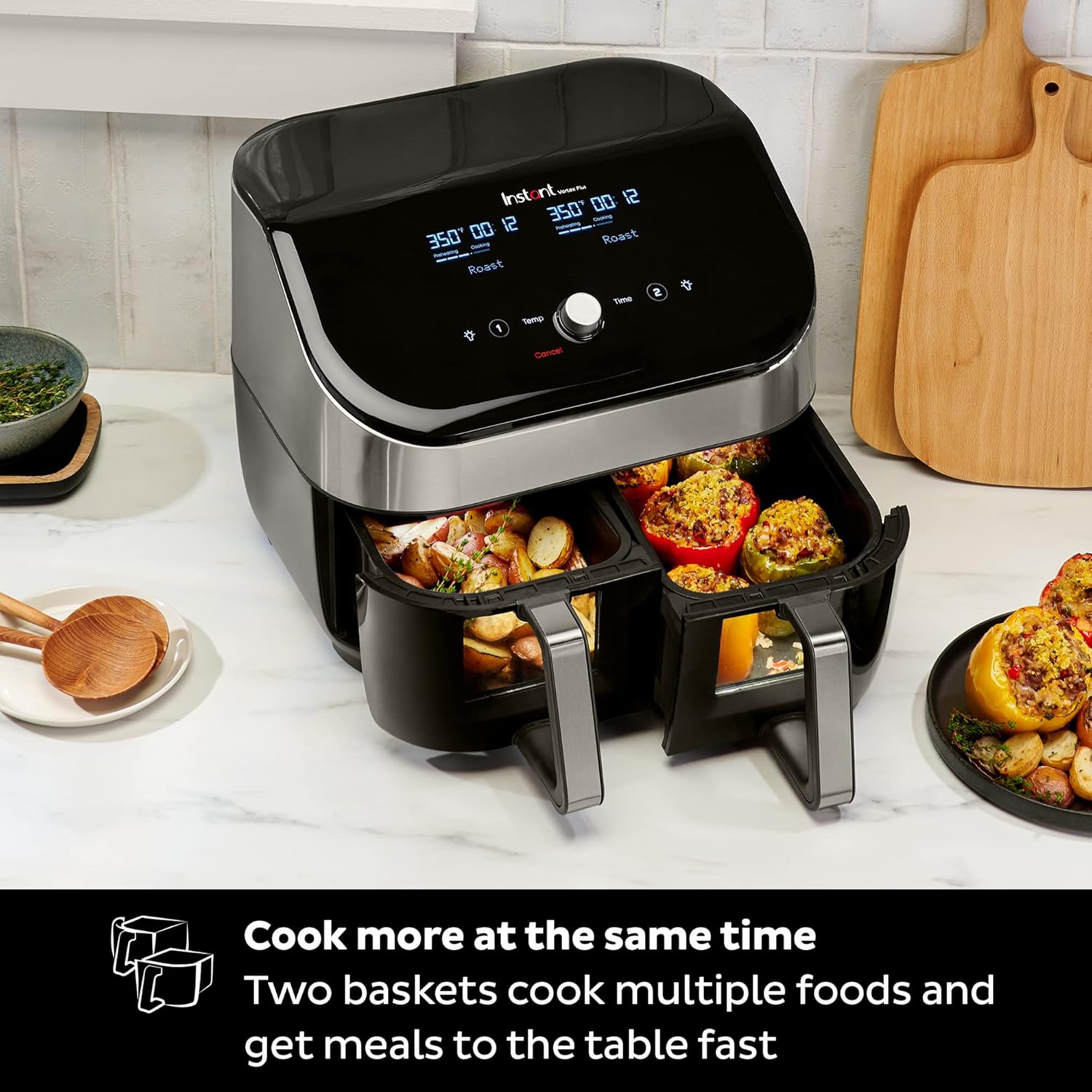 Instant Vortex Plus XL 8 Quart 8-in 1 Dual Basket Double Air Fryer with ClearCook™ Easy View Windows and SyncCook™ Technology, Air Fry, Roast, Broil