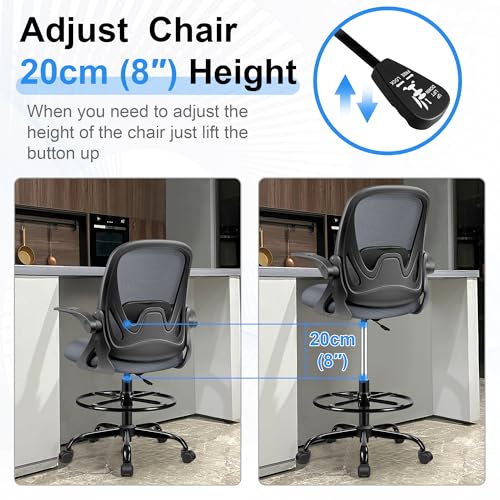 Primy Drafting Chair Tall Office Chair with Flip-up Armrests Executive Ergonomic Computer Standing Desk Chair with Lumbar Support and Adjustable