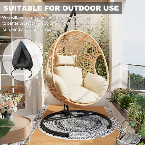 Oversized Hanging Egg Chair Outdoor Indoor, Wicker Swing Egg Chair with Stand 400lbs Capacity for Bedroom, Patio, Garden and Balcony (Beige-nest