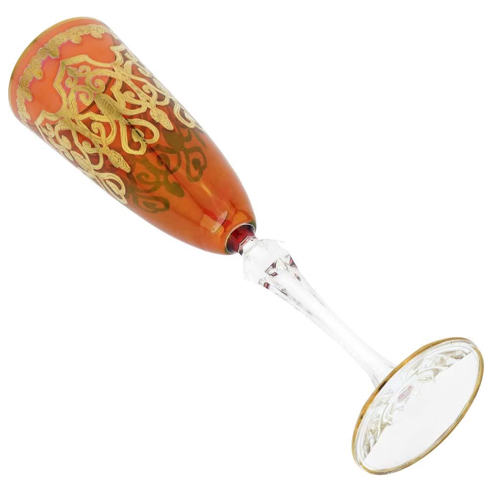 Set of Two Murano Glass Champagne Flutes 24K Gold Leaf - Red