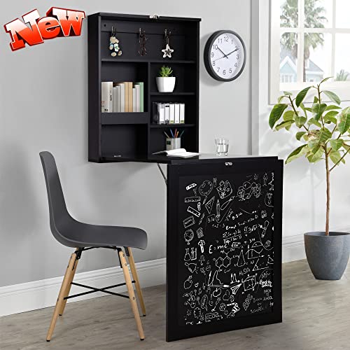 Folding Wall Mounted Table, Convertible Craft Desk with Storage, Multi-Function Computer Writing Floating Desk for Home Office (Black)