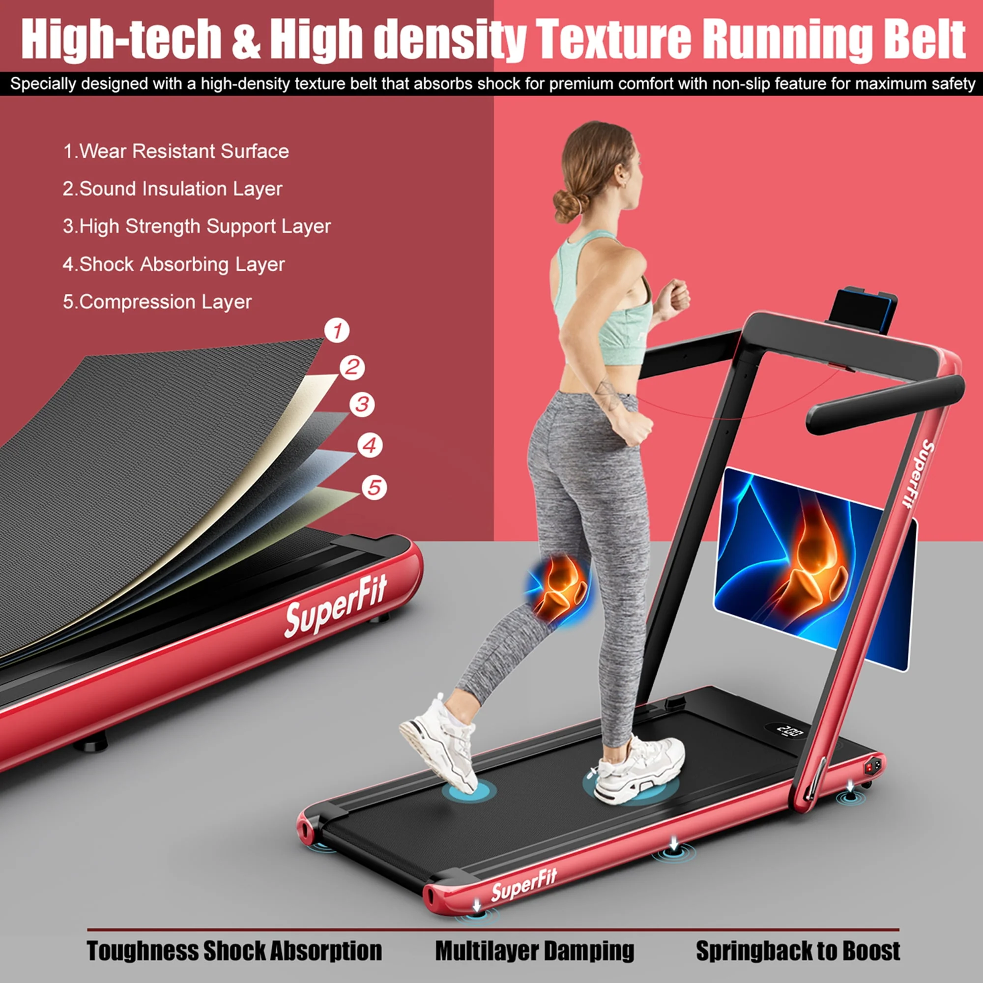SuperFit Up To 7.5MPH 2.25HP 2 in 1 Single Display Screen Folding Treadmill W/ APP Control Speaker Remote Control Blue