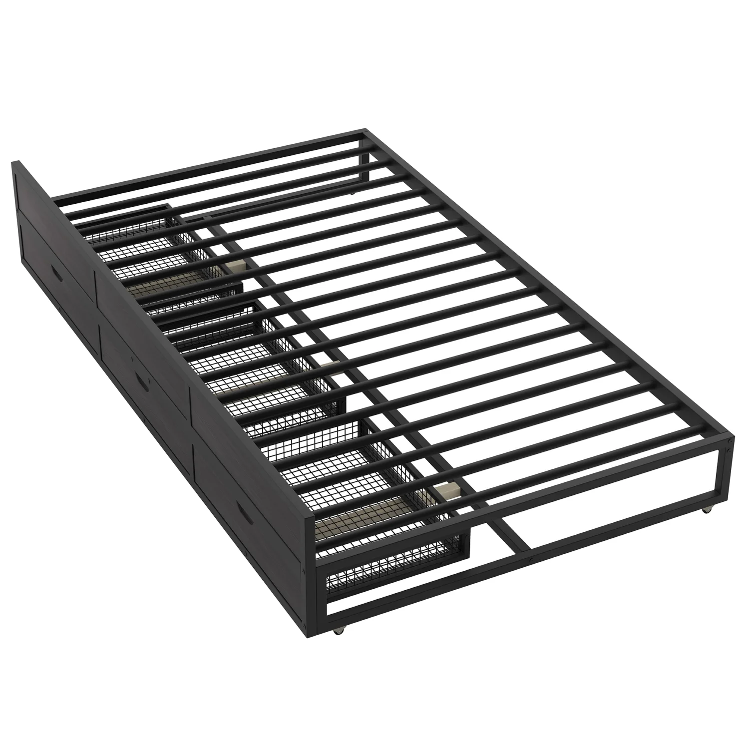 Churanty Queen Size Canopy Platform Bed with Trundle, Metal Four-Poster Canopy Bed Frame with for 3 Storage Drawers for Bedroom,Black