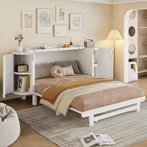 Queen Size Farmhouse Murphy Bed Cabinet with Charging Station, Foldable Platform Bed Frame with 2 Storage Drawers