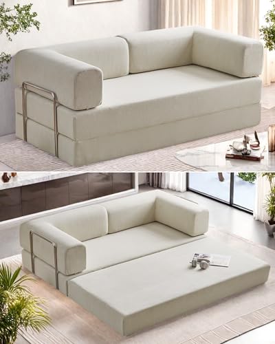 Convertible Floor Sofa Bed, Foldable Mattress Cloud Couch with Pillow Back & Armrest, Chenille Sleeper Sofa Bed with Fixed-Shape Frame