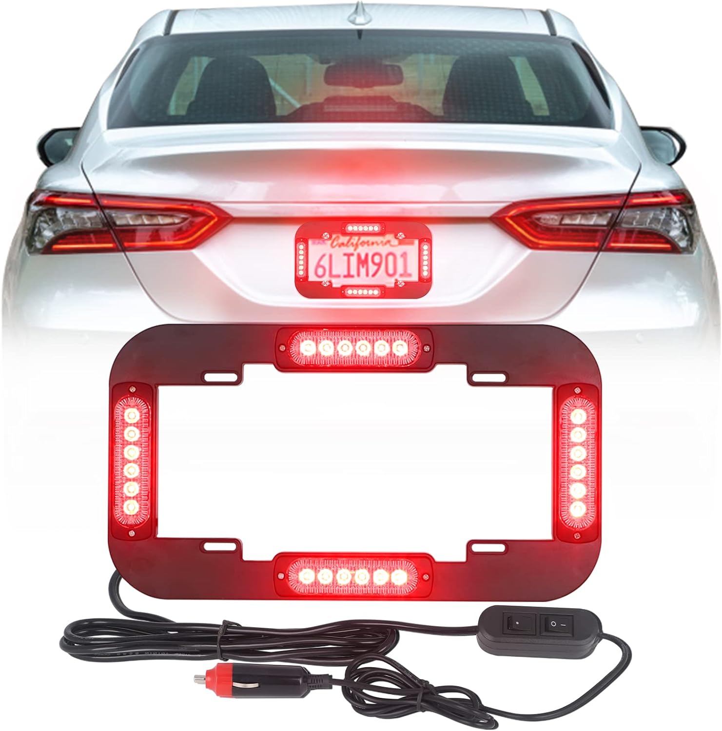 Emergency License Plate Strobe Lights Front/Rear Hazard Warning Safety Flashing Police Lights w/ Black Frames for Vehicles Trucks Cars (Red and Blue