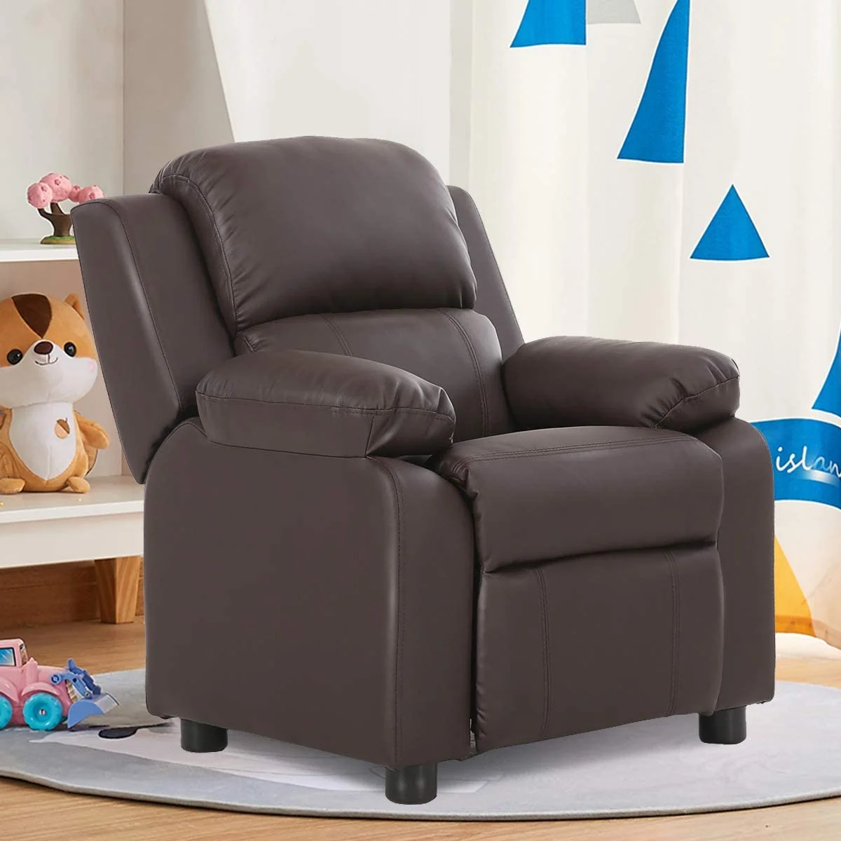 Kids Recliner, Leather Recliner Chair w/Footrest, Armrest Storage, Headrest & Lumbar Support, Ergonomic Lounge Chair for Living & Gaming Room