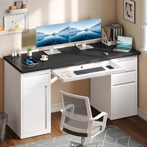YITAHOME Office Desk with 5 Drawers, Executive Desk with Power Outlets, 57 Inch Computer Desk with File Cabinet, Keyboard Tray