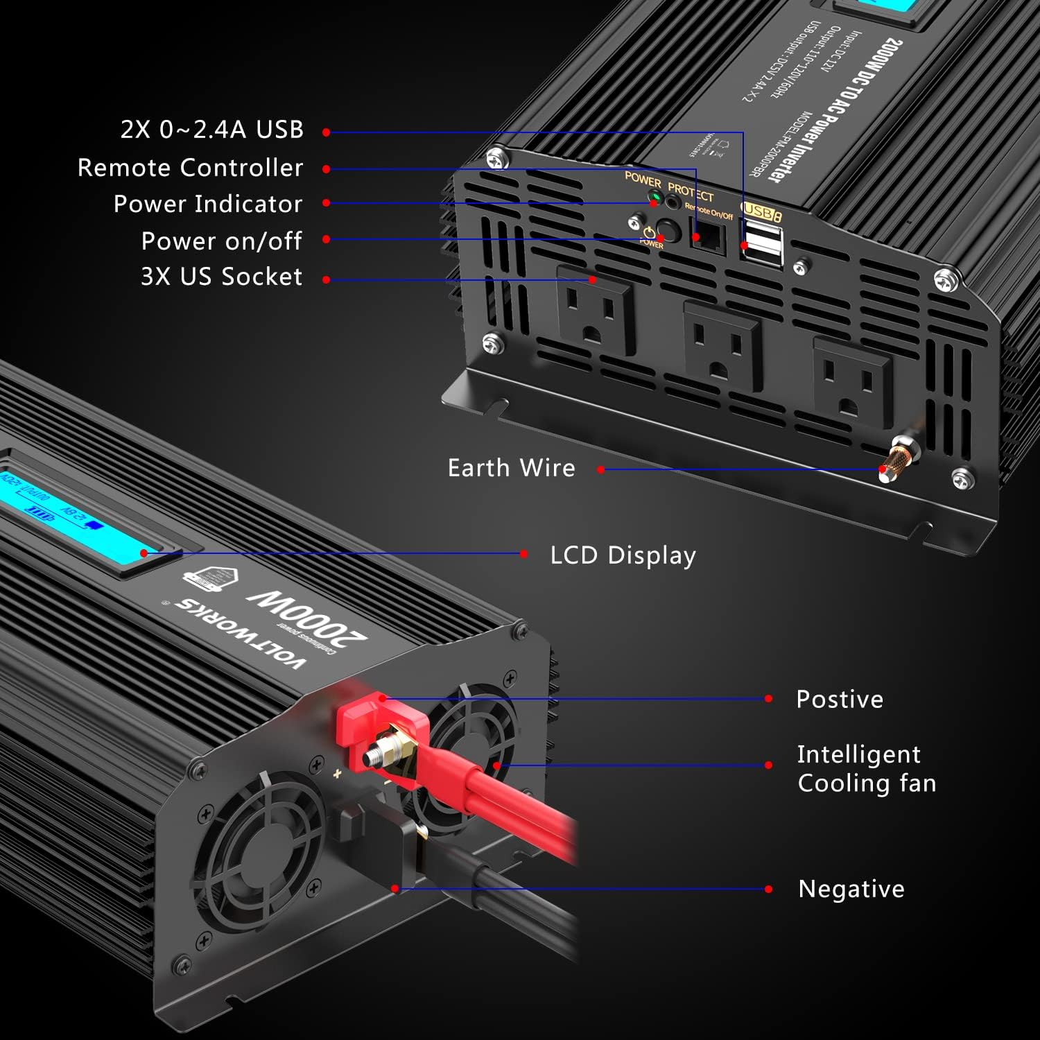 Power Inverter 1100 watt DC 12V to AC 120V Modified Sine Wave 1000w Inverter with LCD Display Remote Control 2AC Outlets Dual 2.4A USB Ports for Car