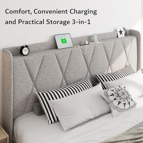 iPormis Queen Bed Frame with 4 Storage Drawers, Upholstered Platform Bed Frame with Charging Station, Modern Wingback Storage Headboard