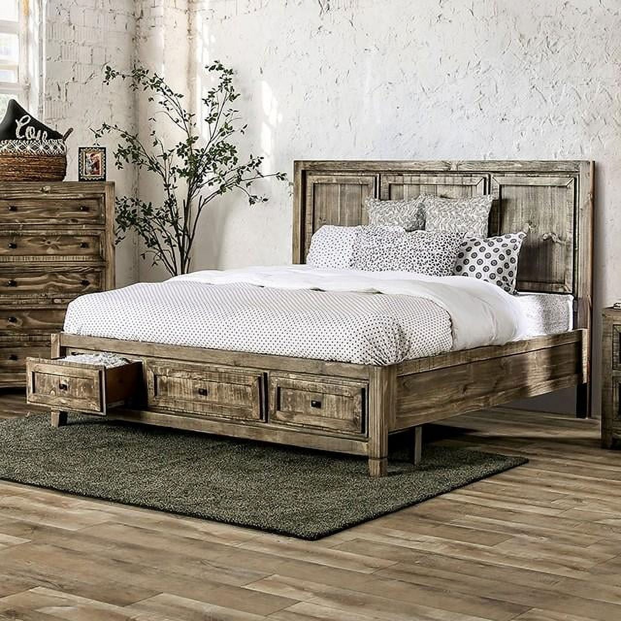 Rustic Ash Brown Solid Wood King Bedroom Set 3pcs FOA EM7074BR Oakridge