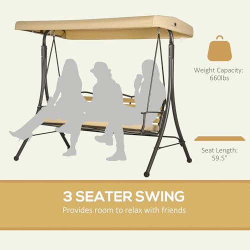 Outsunny 3-Seat Patio Swing Chair with Seat Cushion, Porch Swing Glider with Adjustable Canopy, Weather Resistant Steel Frame, for Porch, Garden