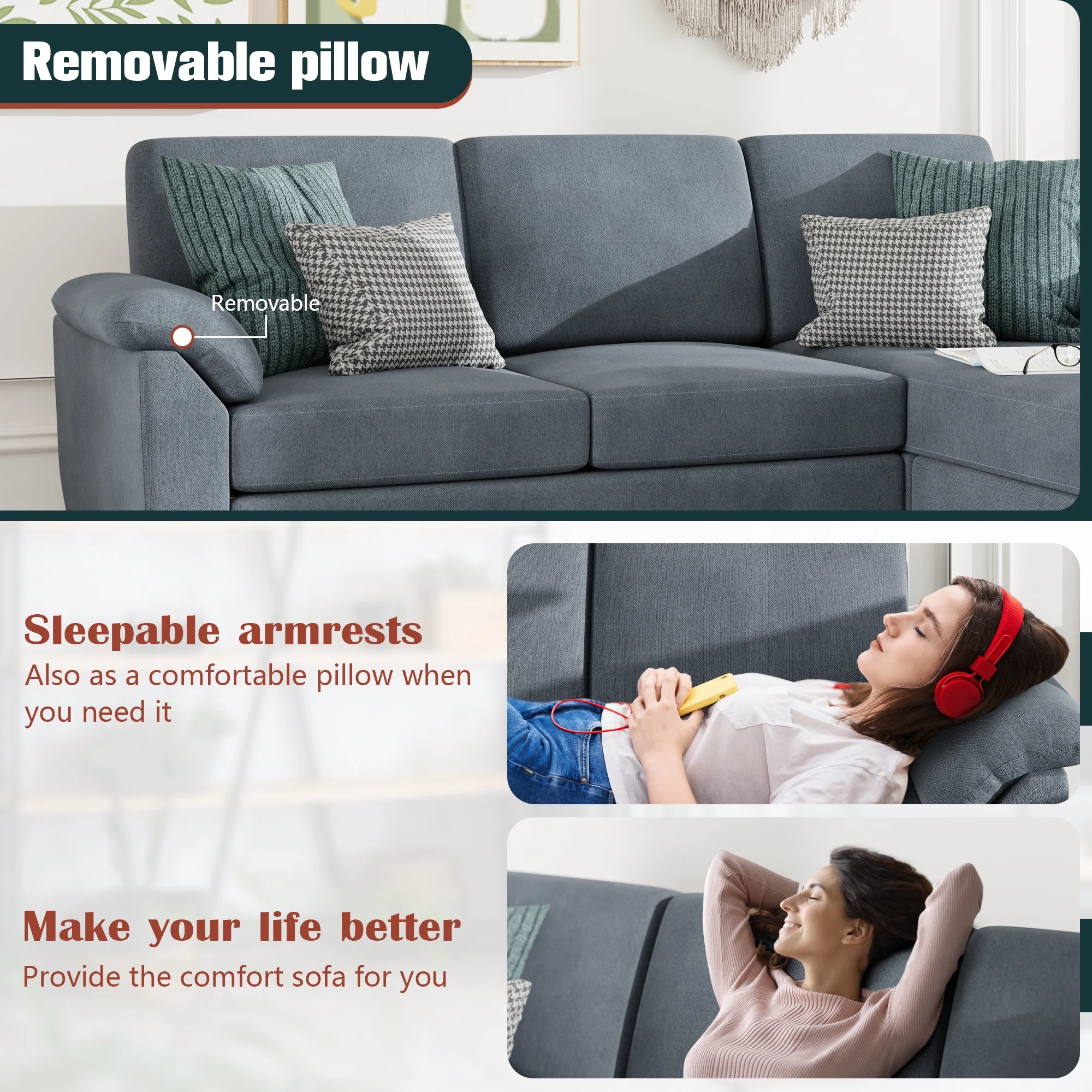 Walsunny 79 Convertible Sectional Sofa Couch,Linen Fabric L Shaped Sofa with Removable Pillows Dark Gray