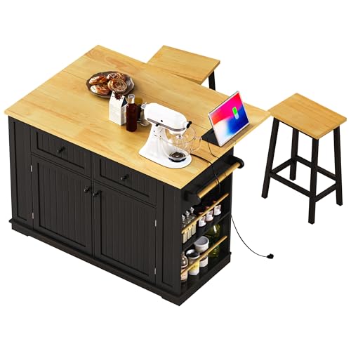 Rolling Kitchen Island with Drop Leaf & Power Outlet, Large Kitchen Islands Cart on Wheels
