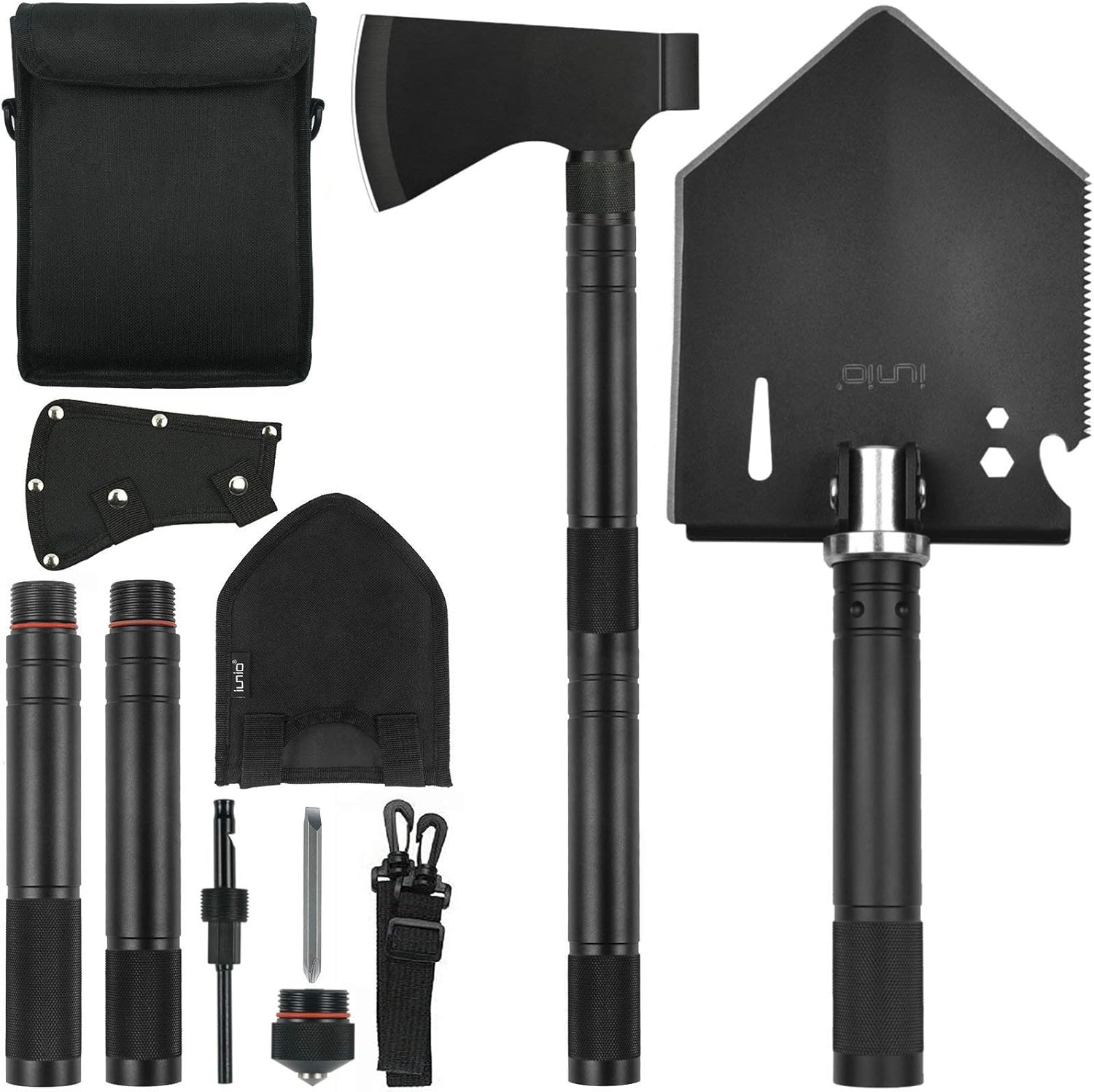 iunio Folding Shovel and Camping Axe Tool Kit, with Carrying Bag, Multitool Spade, Survival Hatchet for Camping, Hiking, Backpacking, Entrenching