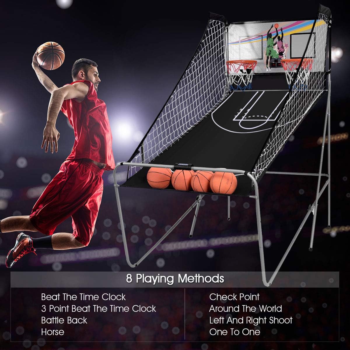 Giantex Foldable Basketball Arcade Game, 8 Game Options, Electronic Double Shot 2 Player w/ 4 Balls and LED Scoring System