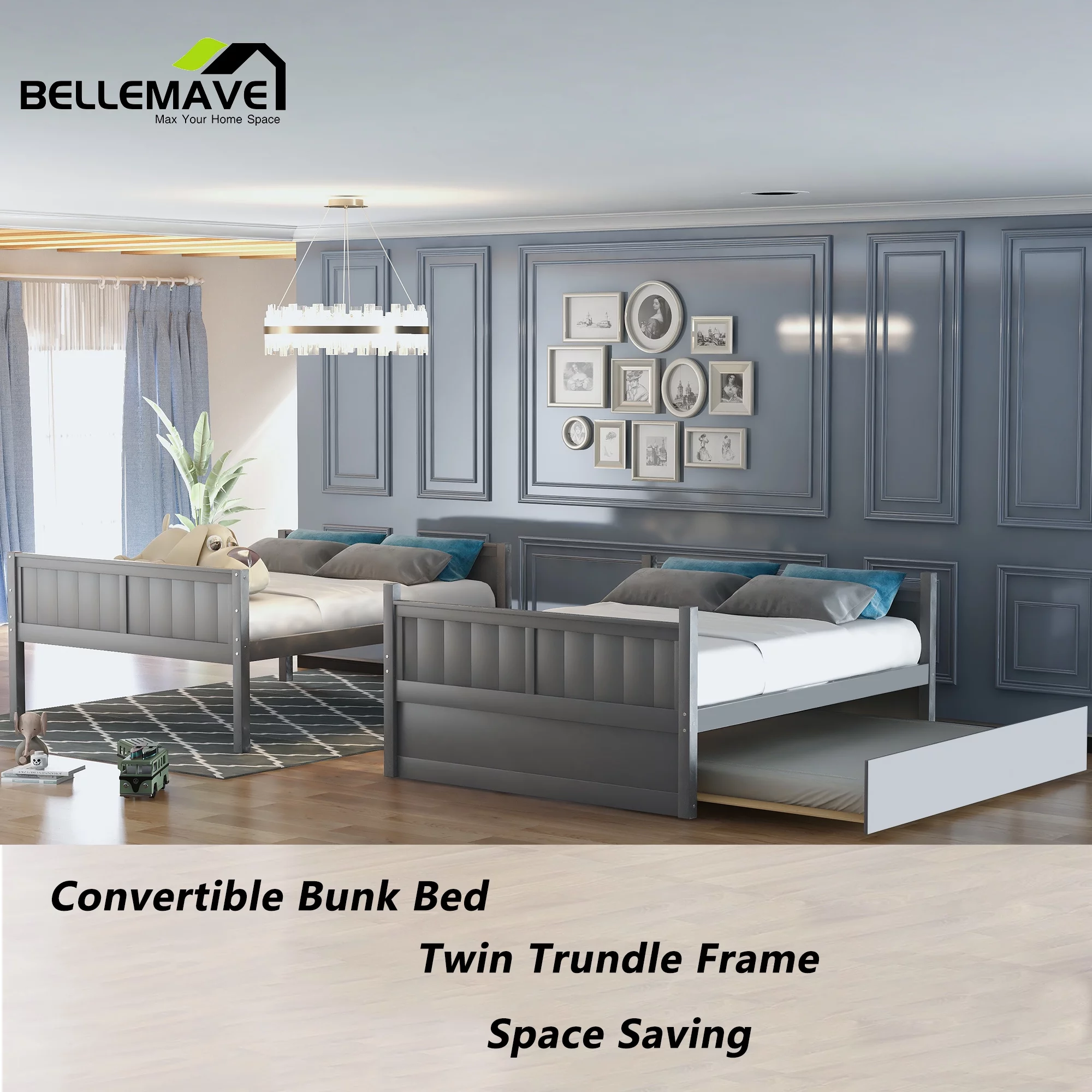BELLEMAVE Full Over Full Bunk Bed, Wood Bunk Bed Frame with Twin Trundle, Fence Shaped Guardrails, Ladder, Headboard, Convertible into 2 Bed