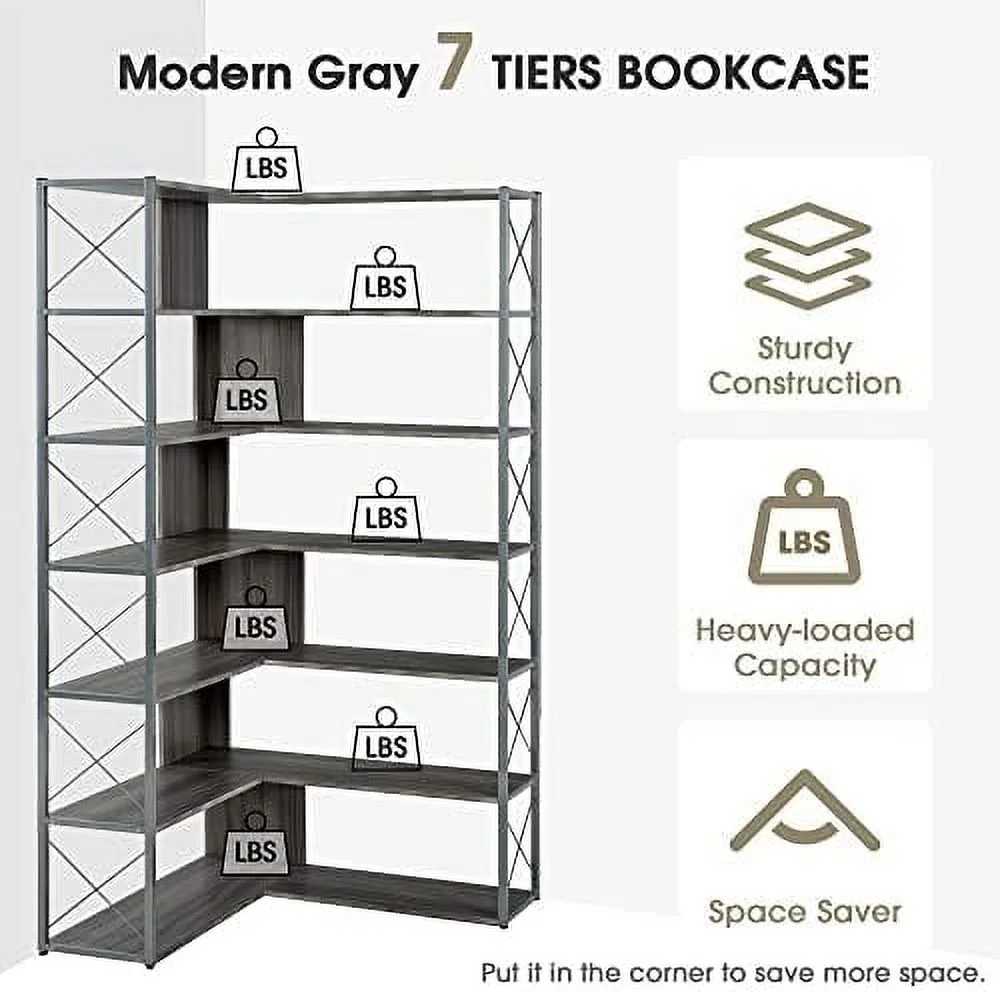 Bookcase 7- Tall Corner Bookshelf  Floor Standing L-Shaped Organizer Book  with Open   Metal Frame for Home Office