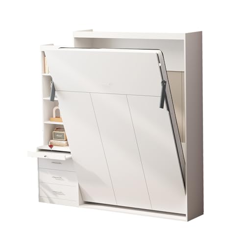 Queen Size Murphy Bed Wall Cabinet with 2 Wardrobe and Storage Shelf, Wooden Murphy Cube Wall Bed