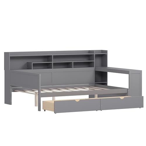 Bellemave Twin Corner Bed Frame with Storage Shelves and Desk, Wood Twin Size Daybed with Bookcase and Drawers and Storage, Gray