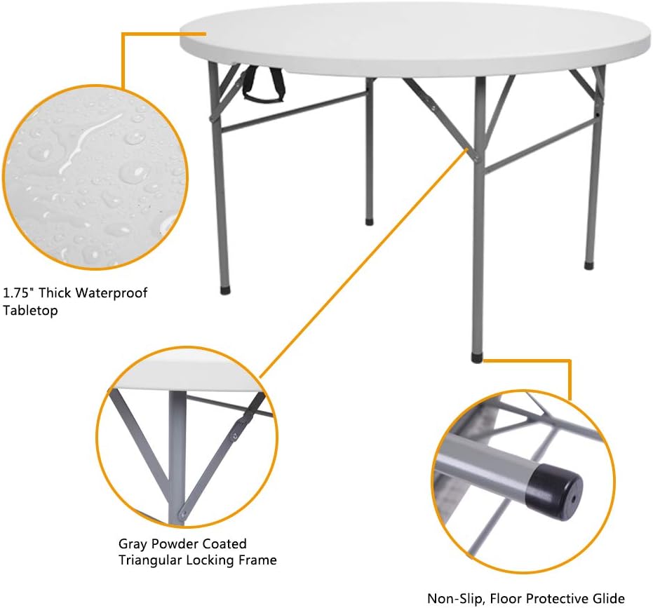 VINGLI 48 Round Bi-Folding Commercial Table, 4 Feet Portable Plastic Dining Card Table for Kitchen or Outdoor Party Wedding Event, White Granite