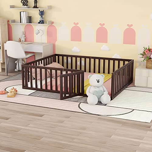 Twin Size Floor Bed Frame with Safety Fence and Door, Solid Wood Toddler Floor Bed with Fence, Twin Montessori Floor Bed Frame for Kids Girls Boys