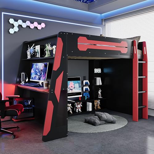 Modern Full Size Gaming Loft Bed with Built-in Desk and Storage Wardrobe, Wood Loft Bed Frame with Light Strip and 2 Drawers