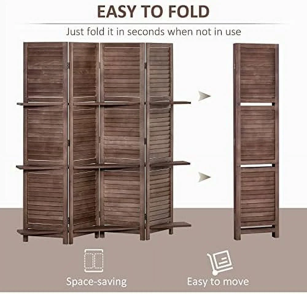 HOOMHIBIU 4-Panel Folding Room Divider  5.6 Ft Freestanding Paulownia Wood Privacy Screen Panel with  Shelves for Bedroom or Office  Walnut